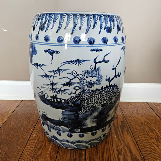Asian Blue & White Porcelain Garden Stool with Dragons ~ Multiple Available