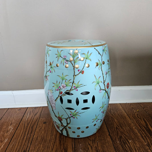 Asian Light Blue Porcelain Garden Stool with Floral Design ~ 2 Available