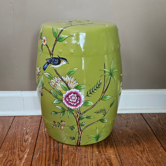 Chartreuse Green Porcelain Garden Stool with Bird & Flower Design ~ Multiple Available