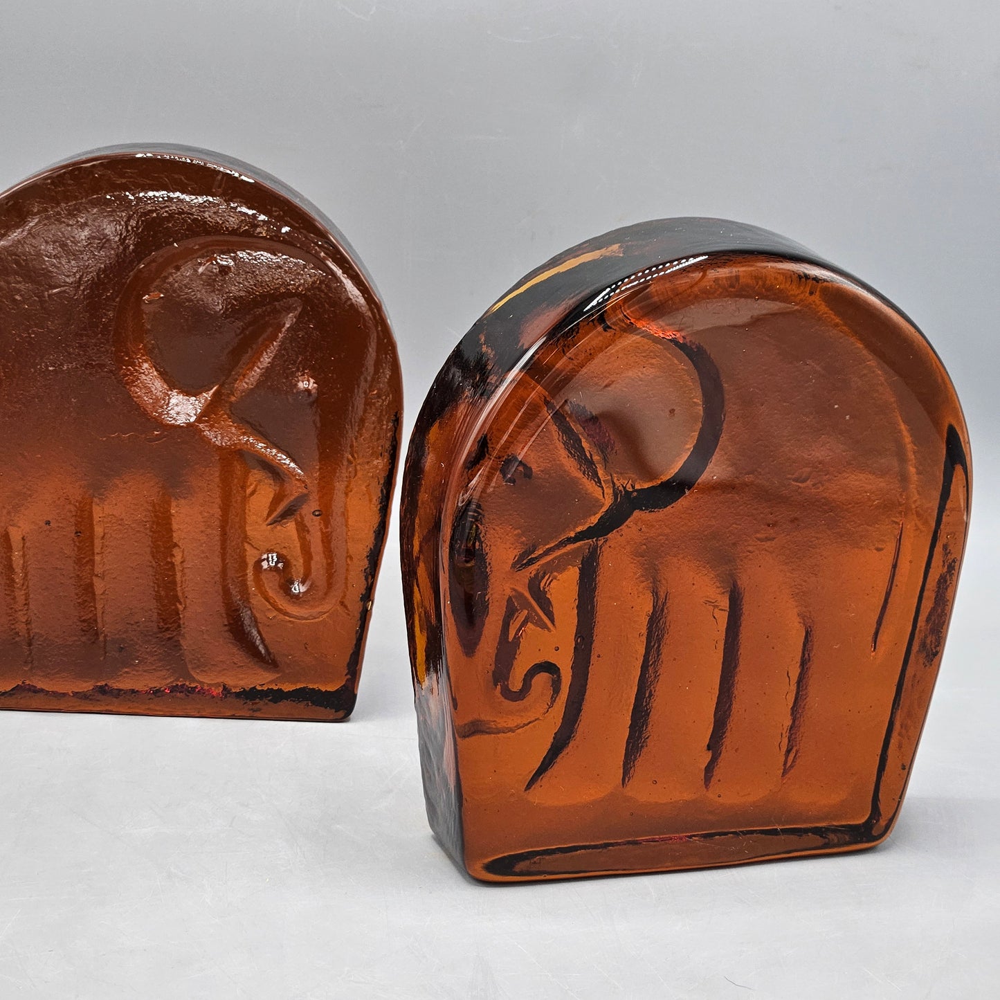 Pair of Vintage Blenko Amber Art Glass Elephant Bookends, Joel Myers 1969