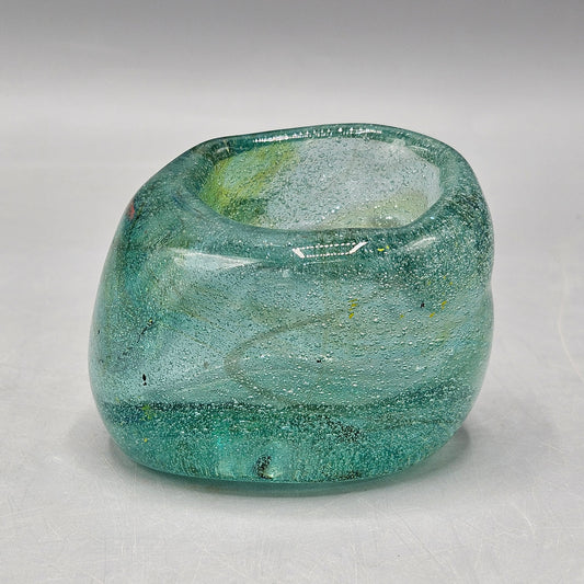Awesome Free Form Aqua Green Blown Art Glass Small Bowl / Votive Candle Holder