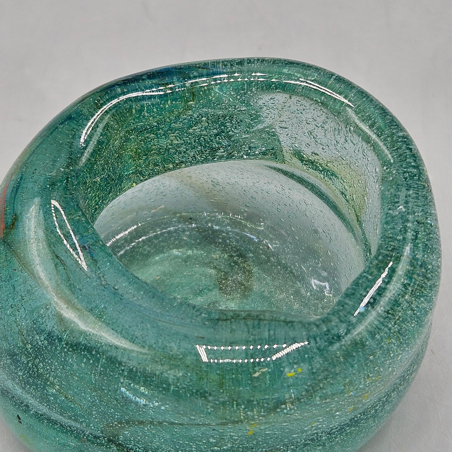 Awesome Free Form Aqua Green Blown Art Glass Small Bowl / Votive Candle Holder