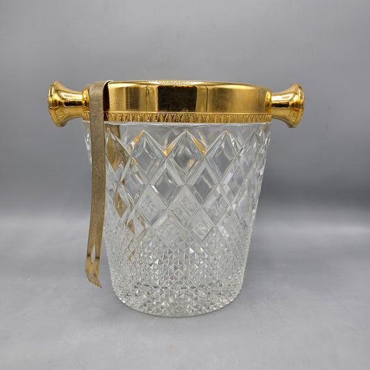 Mid Century Heavy Crystal Ice Bucket with Decorative Gold Rim & Tongs