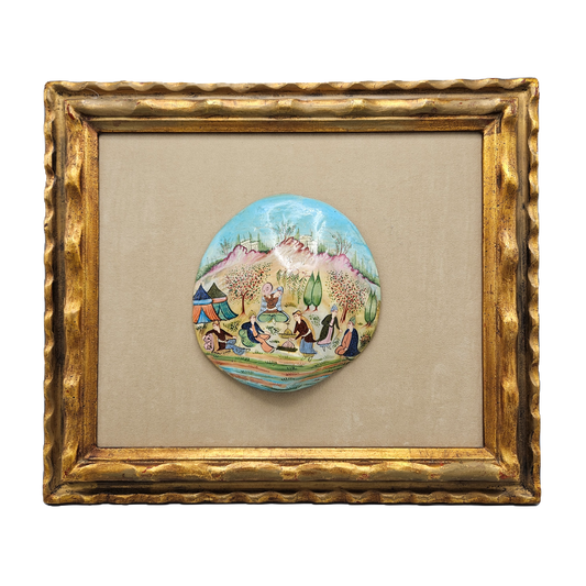 Vintage Handpainted Shell with Village Scene in Gold Frame