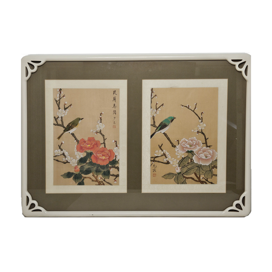 Vintage Signed Japanese Double Watercolor Painting of Birds in White Frame