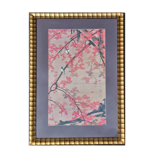 Vintage Maple Tree and Small Birds Artwork by Ito Jakuchu in Gold Frame