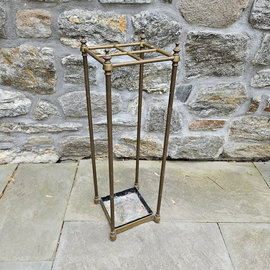 Vintage Square Brass Umbrella Stand with Baluster Finials