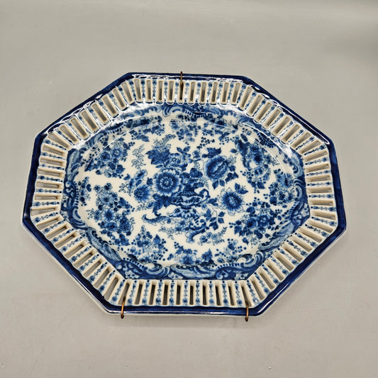 Decorative Blue & White Asian Octagon Reticulated Hanging Plate ~ 12.5"