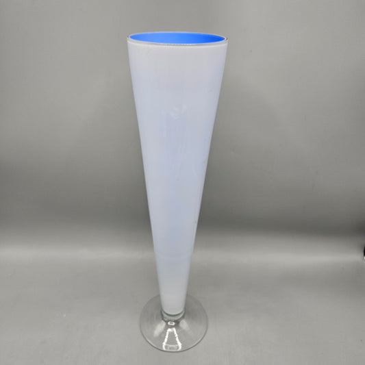 Tall White Glass Vase with Blue Interior