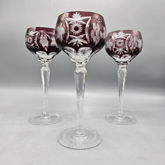 Set of 3 Nachtmann Traube Amethyst Purple Cut-to-Clear Water Wine Goblets
