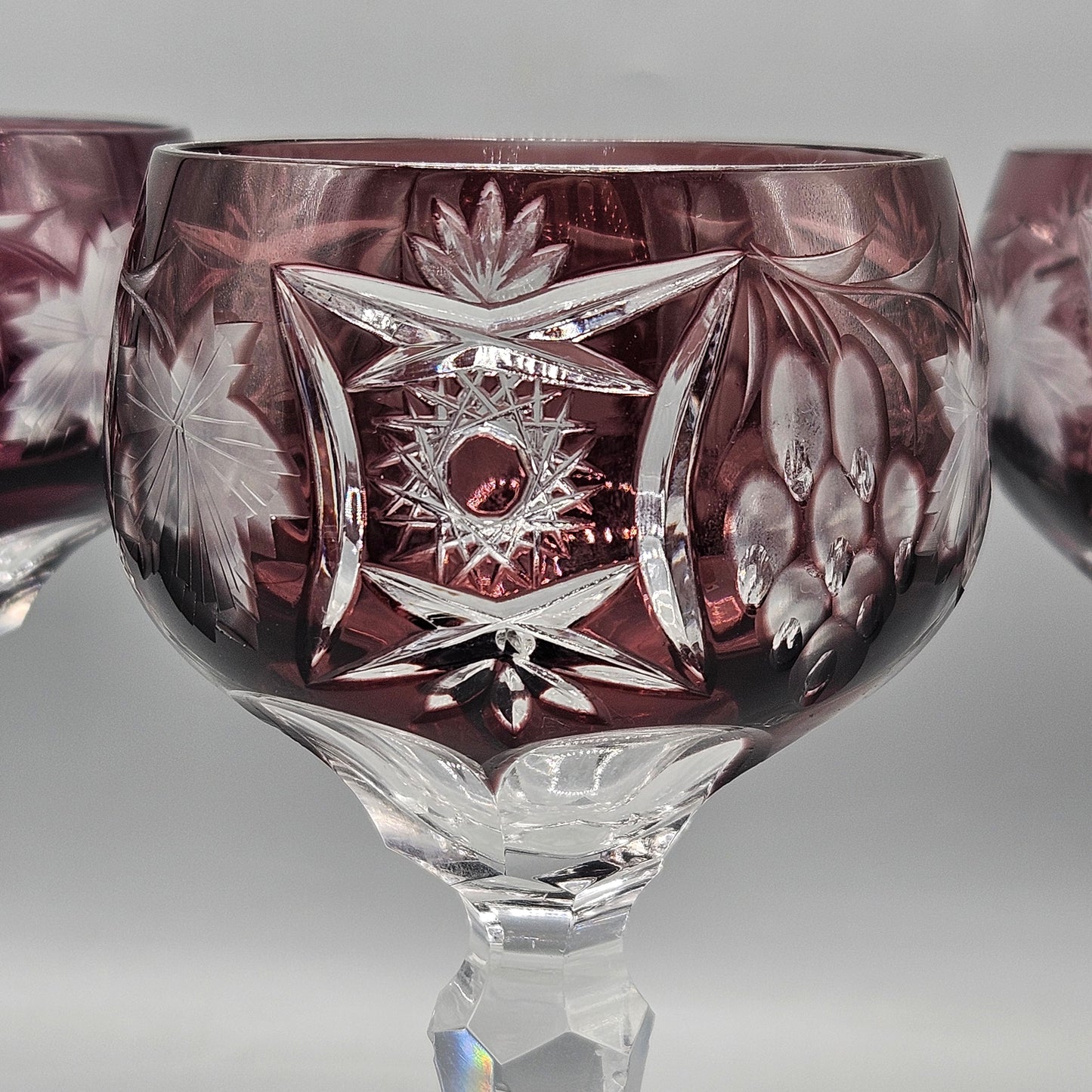 Set of 3 Nachtmann Traube Amethyst Purple Cut-to-Clear Water Wine Goblets