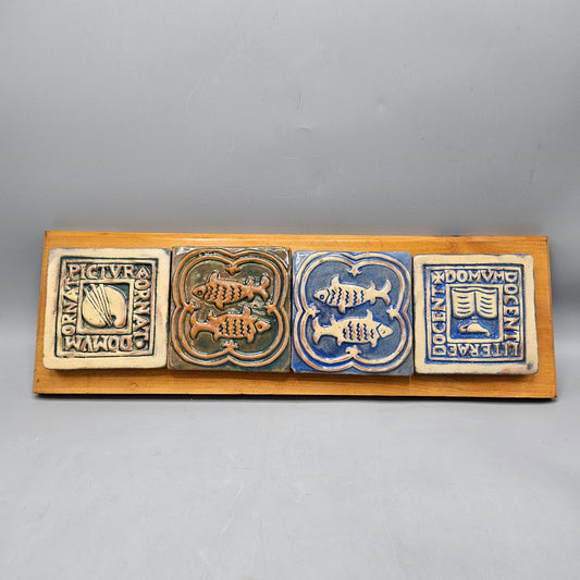 4 Vintage Moravian Tiles on Wooden Board