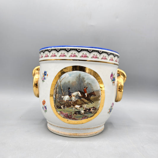 Vintage Porcelain Cache Pot with Fox Hunting Scene