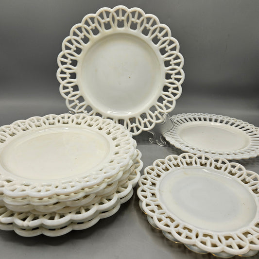 Set of 11 Milk Glass Plates with Lace Edge ~ Different Sizes