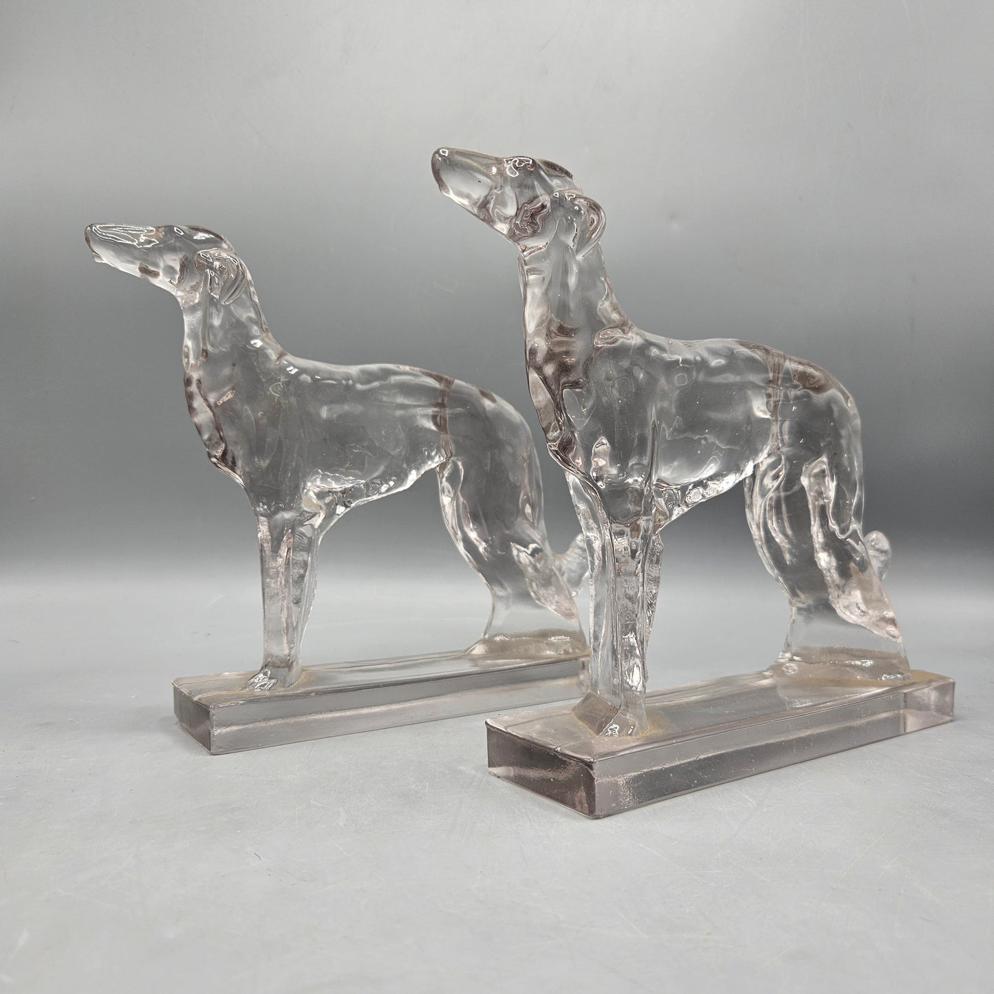 Pair of Vintage New Martinsville Viking Art Glass "Borzoi Wolfhound" Crystal Bookends