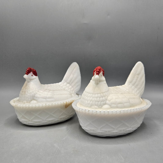Set of 2 Westmoreland Milk Glass Hens Sitting on a Nest Dishes
