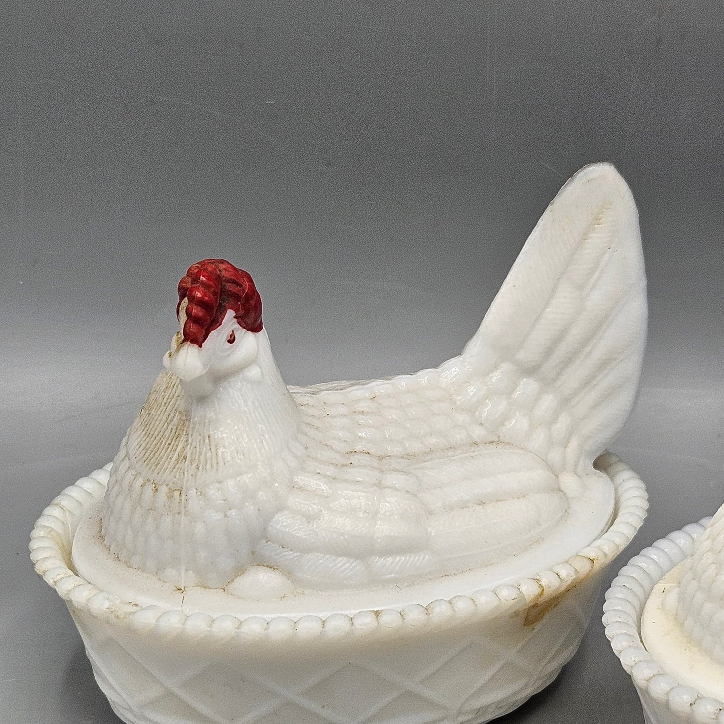 Set of 2 Westmoreland Milk Glass Hens Sitting on a Nest Dishes