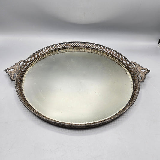 Vintage Silverplated Round Reticulated Mirrored Tray with Handles