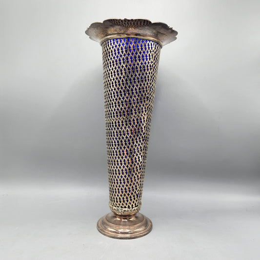 Beautiful Tall Vintage Sterling Silver Pierced Vase with Cobalt Blue Glass Insert