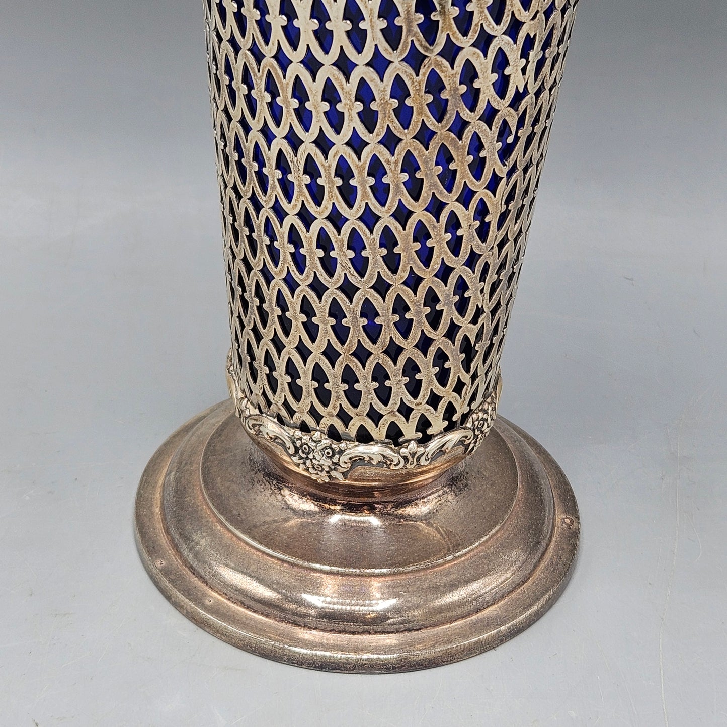 Beautiful Tall Vintage Sterling Silver Pierced Vase with Cobalt Blue Glass Insert