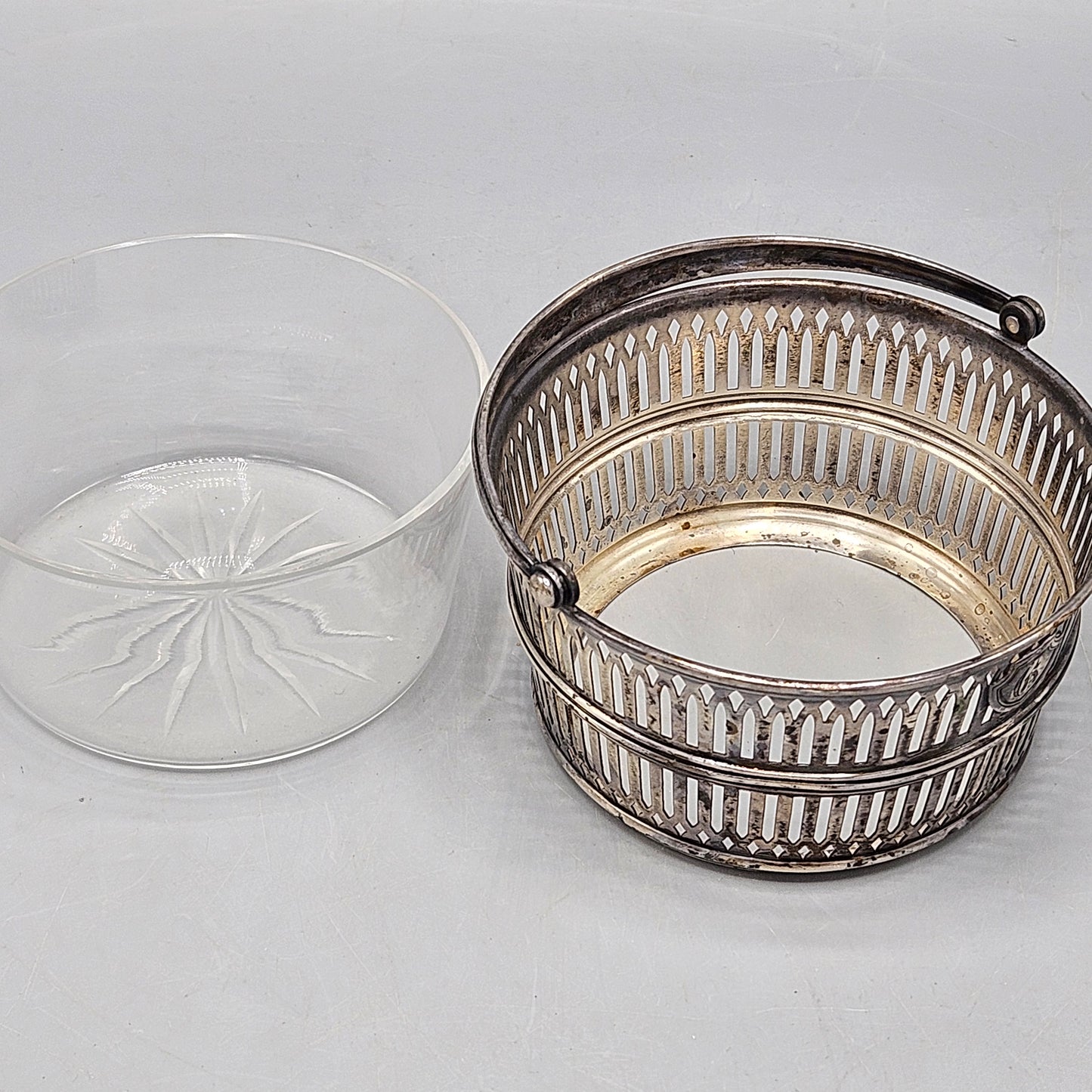Vintage Sterling Silver Pierced Basket with Glass Insert