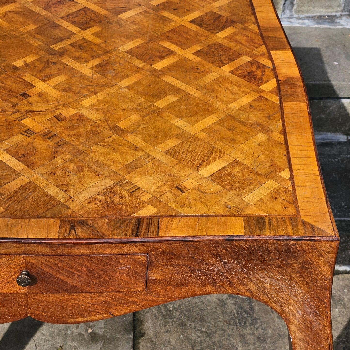 Vintage Mid Century Italian Parquetry Inlay Olive Wood Square John Wanamaker Game Table