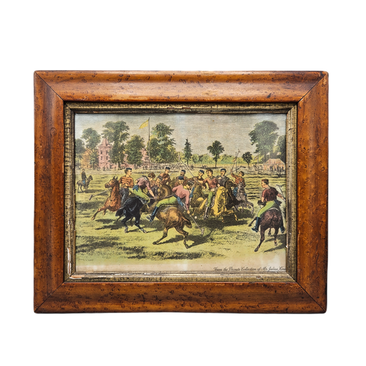 Vintage Hand Colored Etching of Polo Match in Wooden Frame