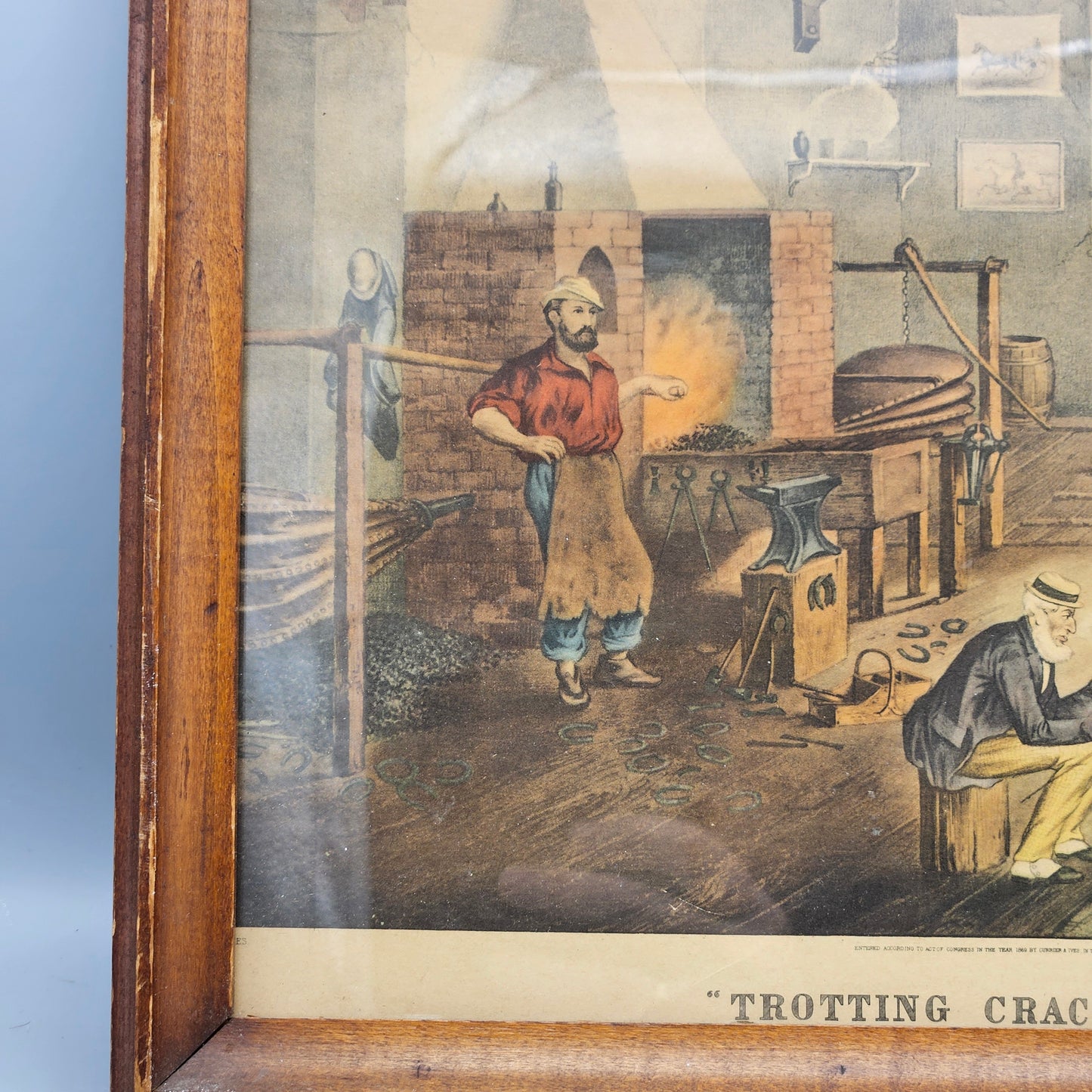 Vintage Hand Colored Etching of Trotting Cracks At Home in Wooden Frame