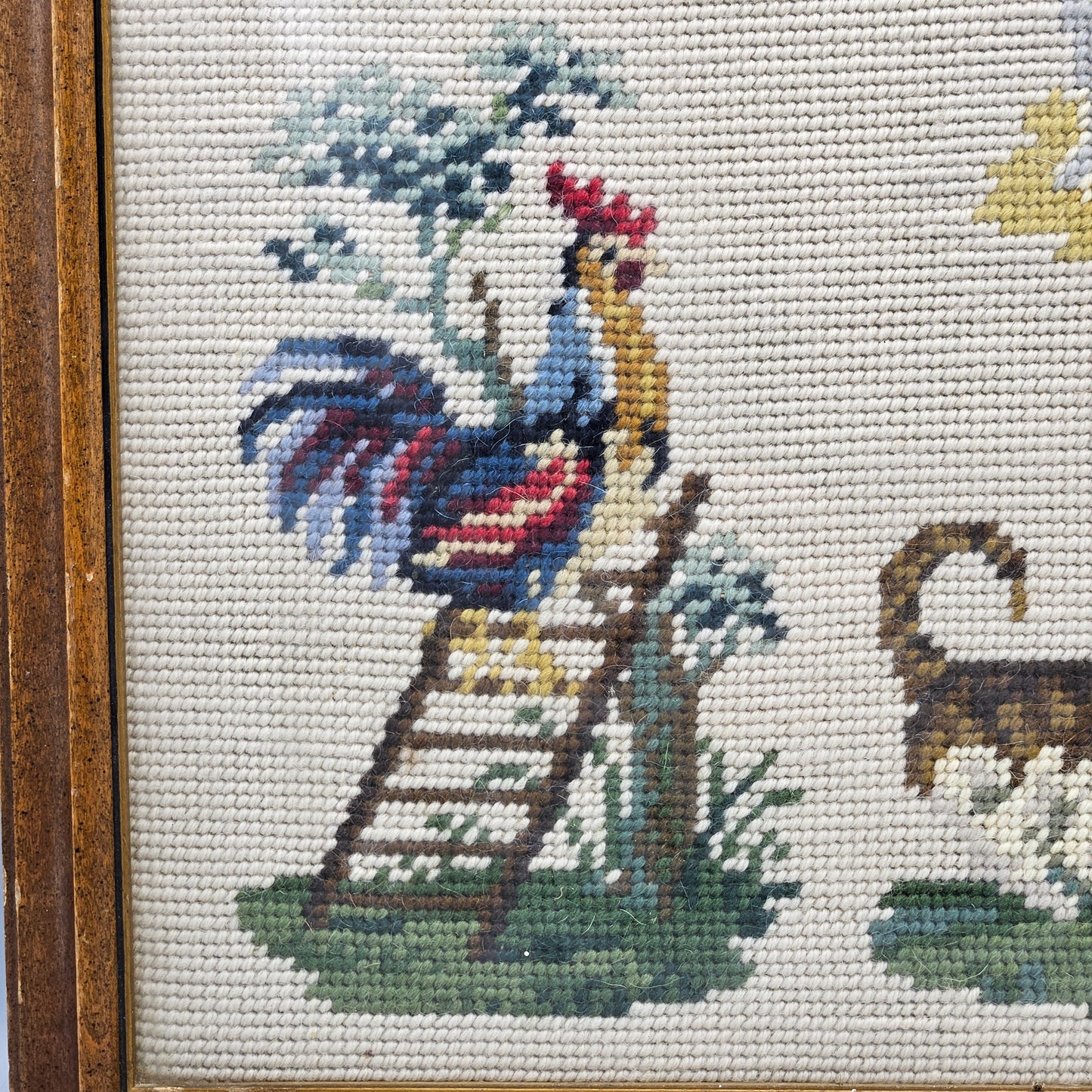 Vintage Framed Needlepoint Artwork with Roosters, Dogs & Cats