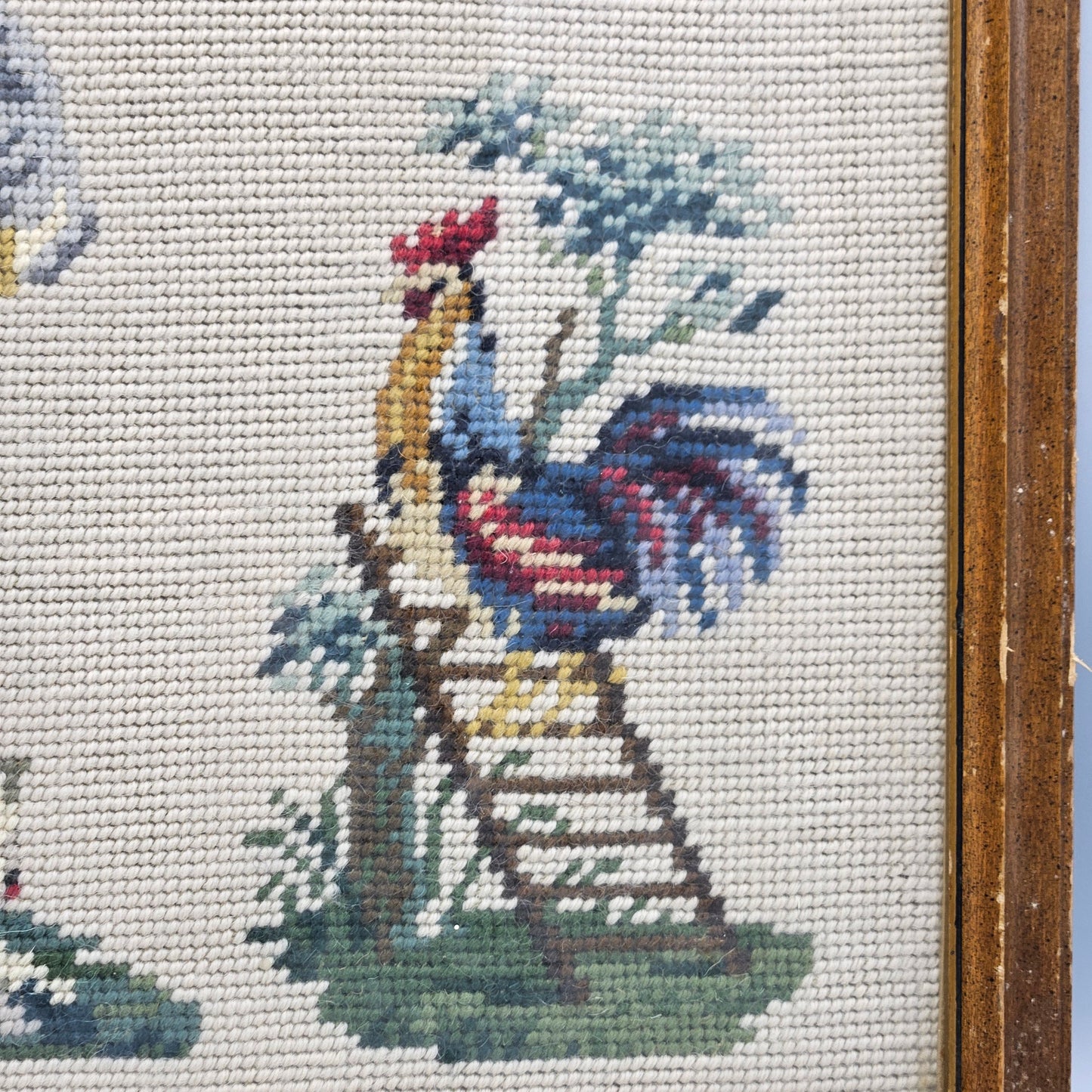 Vintage Framed Needlepoint Artwork with Roosters, Dogs & Cats