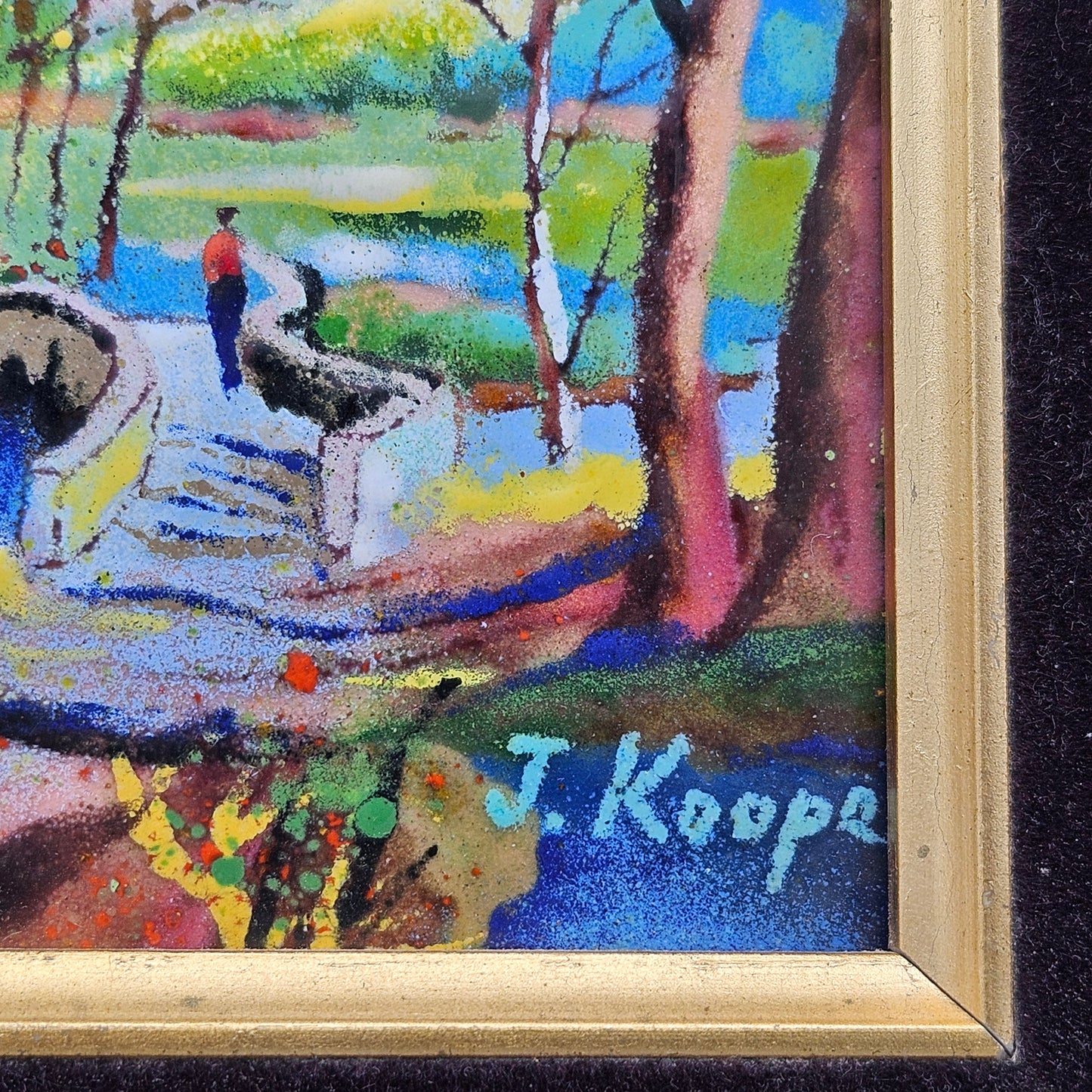 Vintage J. Koope Cloisonné Style Enamel on Copper Painting in Gold Frame