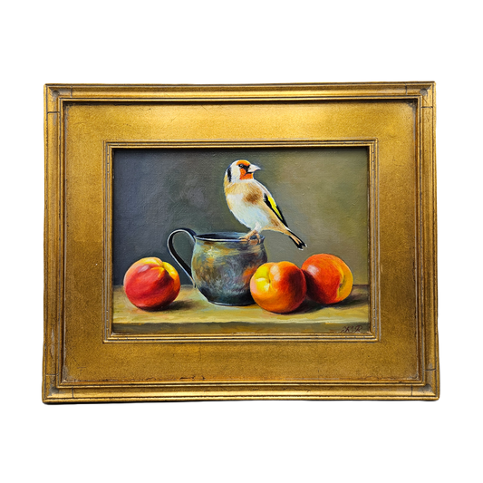 Wonderful Oil on Board Painting of Bird & Peach Still Life in Gold Frame