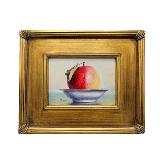 Wonderful Oil on Board Painting of Apple in a Bowl Still Life in Gold Frame