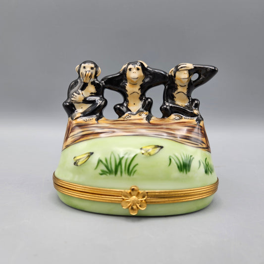 Vintage Three Wise Monkeys Artoria Limoges Trinket Box