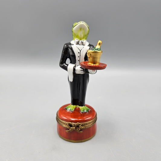Vintage Limoges France Porcelain Rochard Frog Waiter with Champagne Bucket Trinket Box