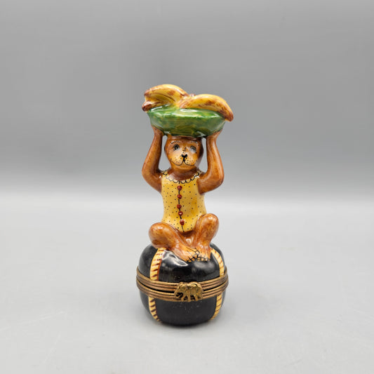 Vintage Limoges France Porcelain Monkey with Bananas Trinket Box