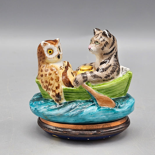 Vintage Halcyon Days Owl and The Pussycat Trinket Box