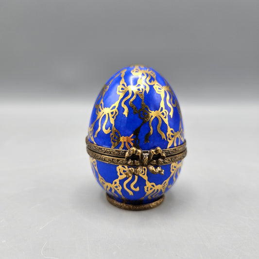 Vintage Limoges Fabergé Style Blue Egg Trinket Box with Crown
