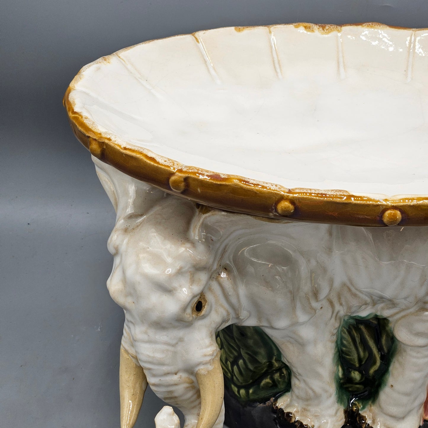 Vintage Majolica Pottery Elephant Centerpiece Pedestal Bowl