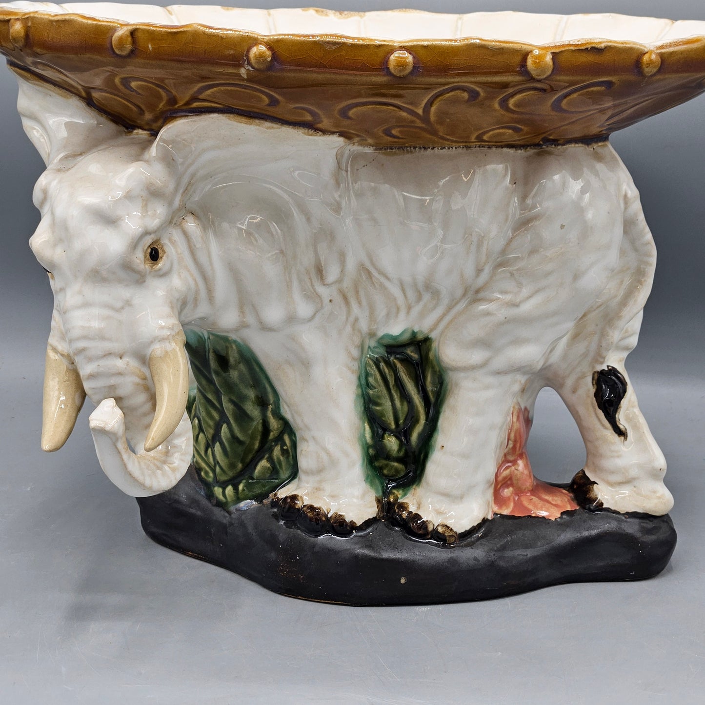 Vintage Majolica Pottery Elephant Centerpiece Pedestal Bowl