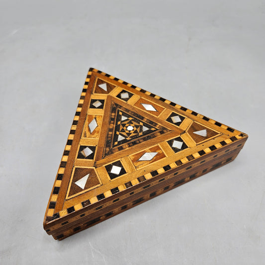 Vintage Handmade Mosaic Triangle Box with Wood Inlay