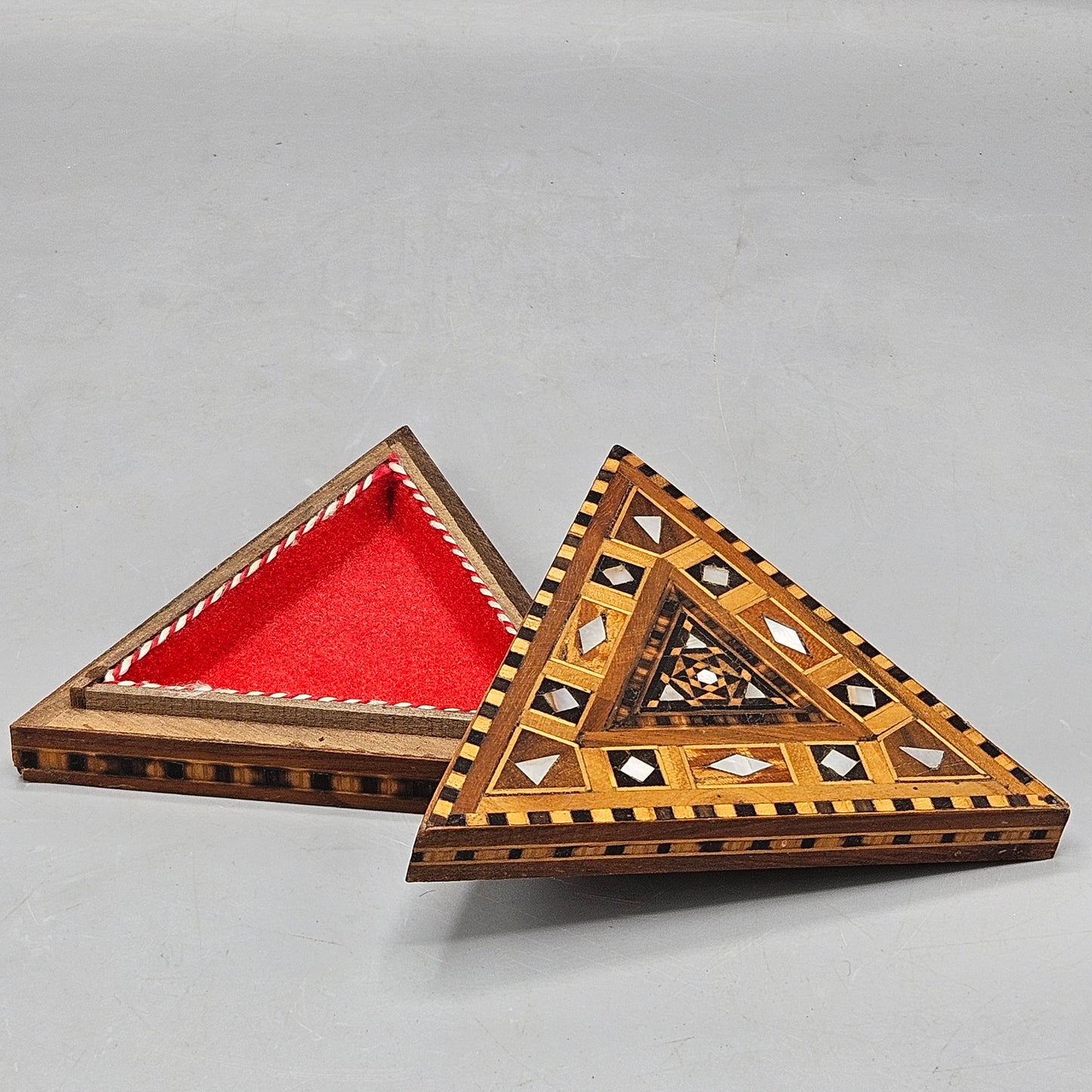 Vintage Handmade Mosaic Triangle Box with Wood Inlay