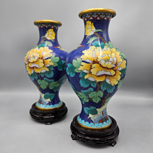 Pair of Vintage Floral Cloisonné Enameled Blue Vases with Wooden Stands