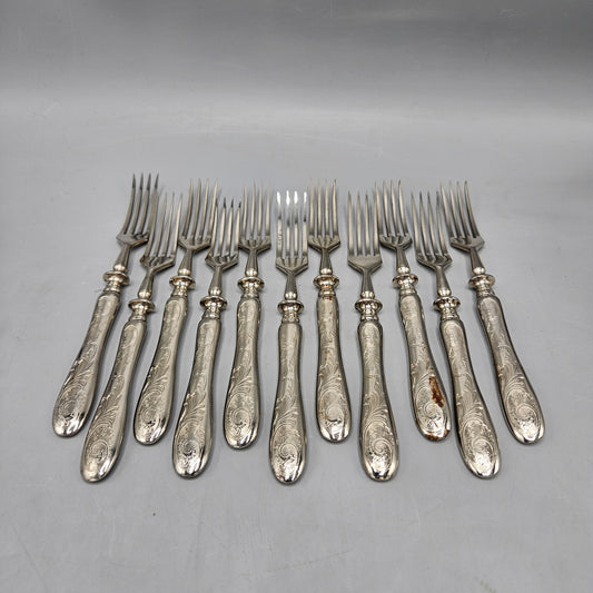 Set of 11 Vintage Silverplate Dessert Forks with Etched Handle