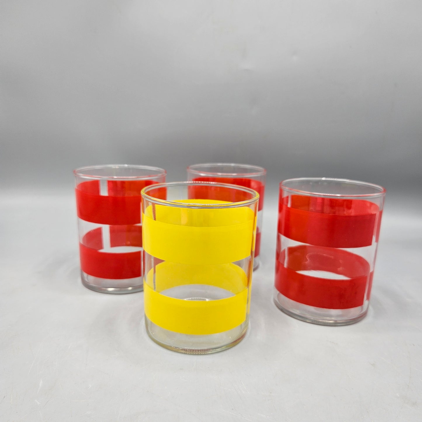Set of 4 Vintage Yellow & Red Banded Drinking Glasses