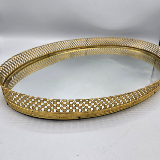 Vintage Oval Mirror Vanity Tray Brass Gold Tone Filigree with Felt Bottom