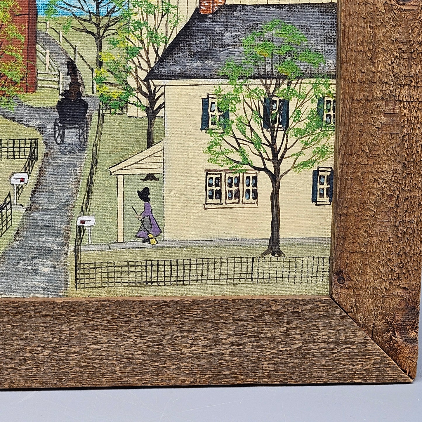 Vintage Signed Dolores Hackenberger Painting of Amish Schoolyard on Board