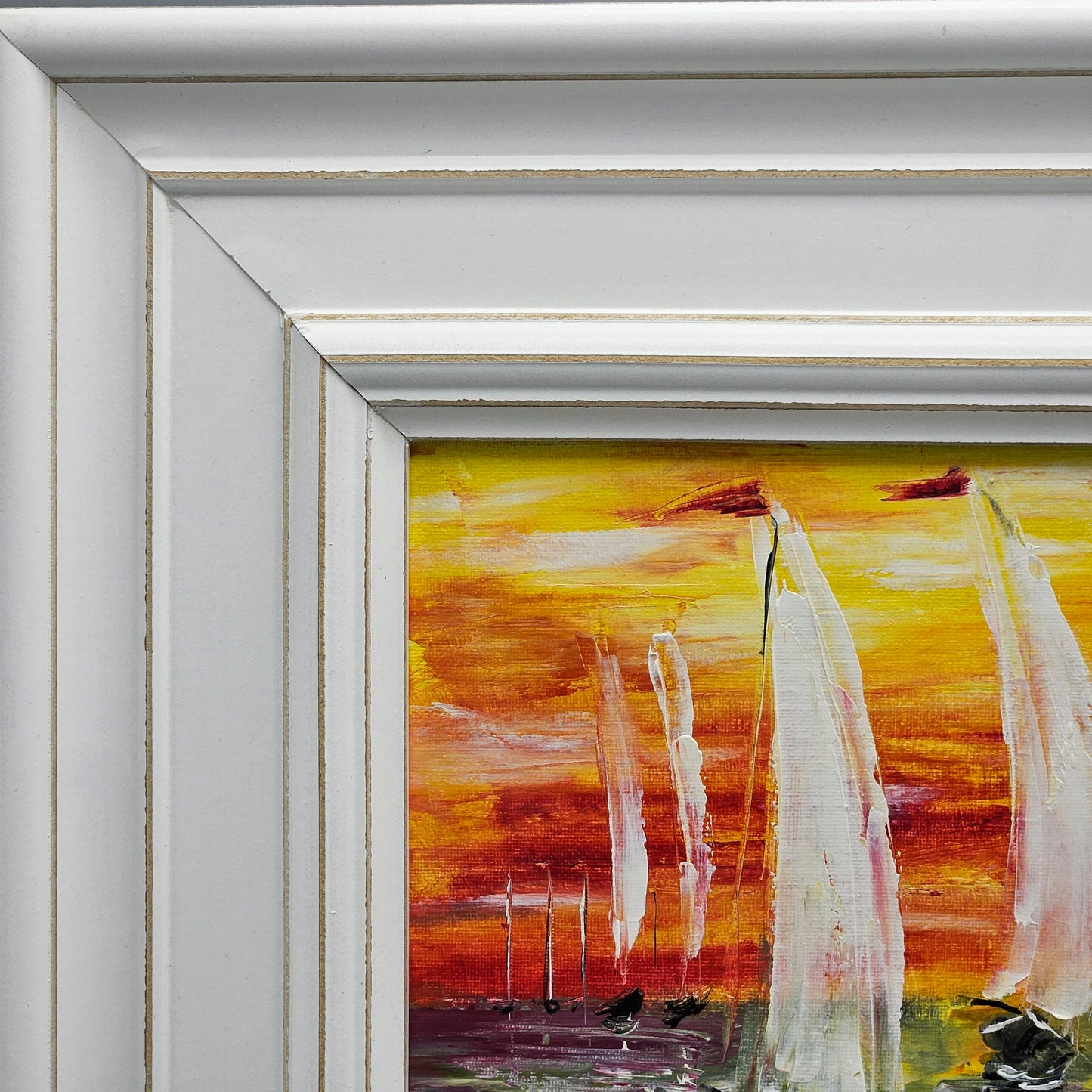 Beautiful Oil on Canvas of Brightly Colored Sunset with Sailboats in White Frame