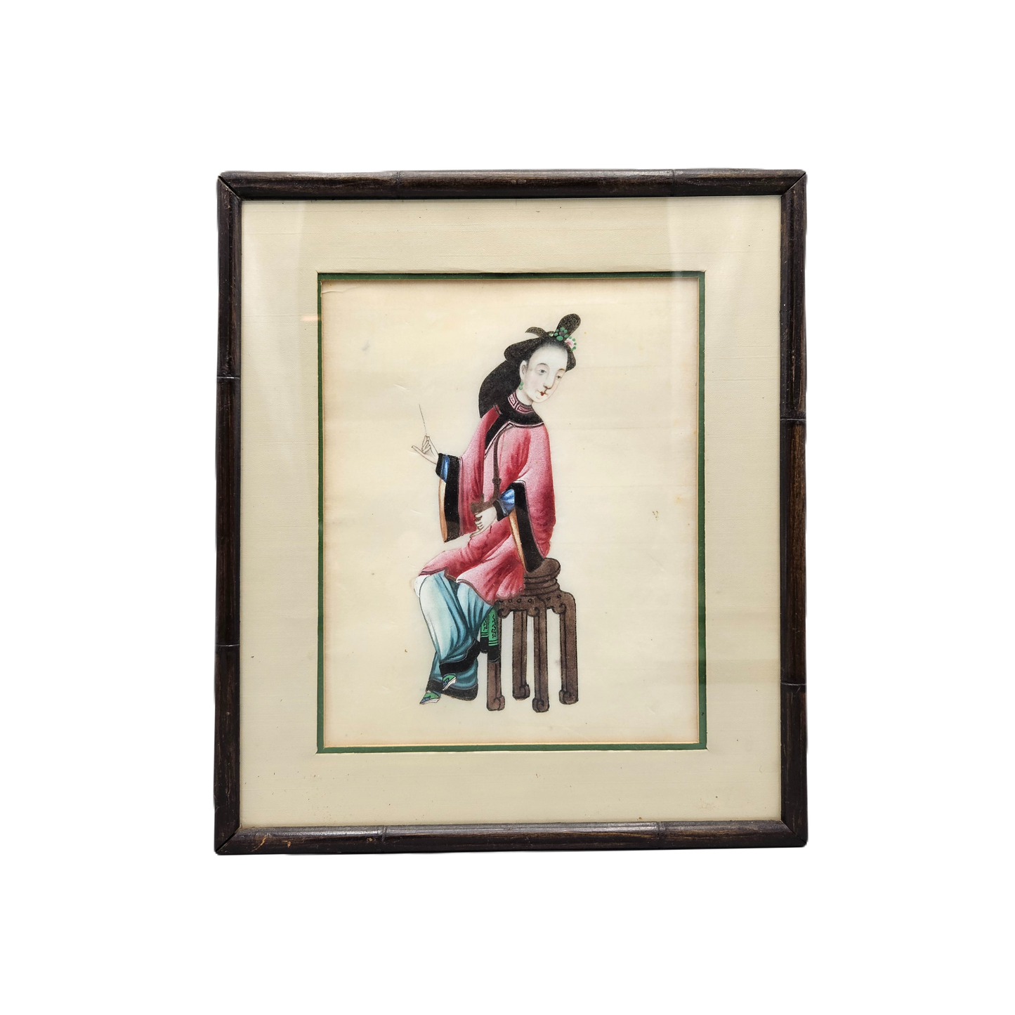 Antique Chinese Gouaches Pith Painting on Rice Paper of Woman in Red Dress
