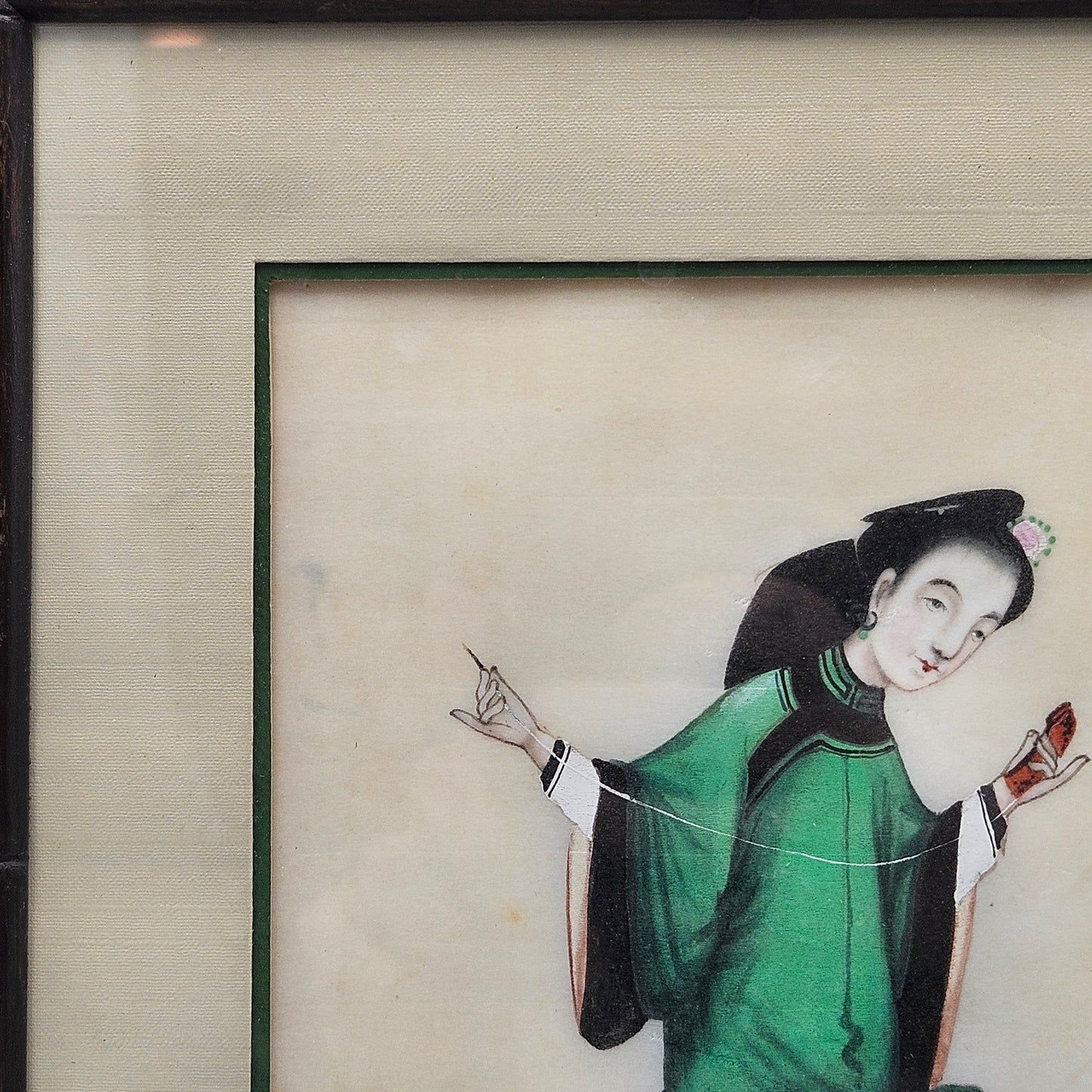 Antique Chinese Gouaches Pith Painting on Rice Paper of Woman in Green Dress